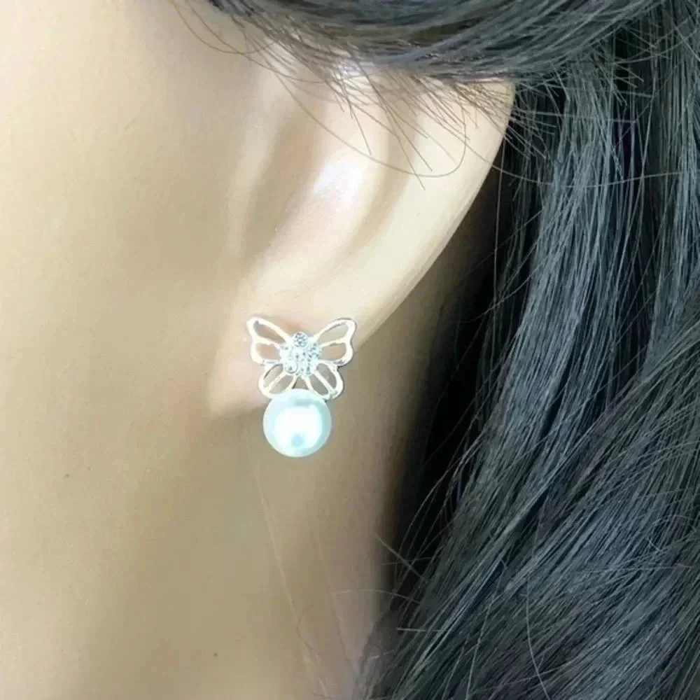 Butterfly Shaped 925 Ster Silver Crystal Stud Faux Pearl Earrings NWT
